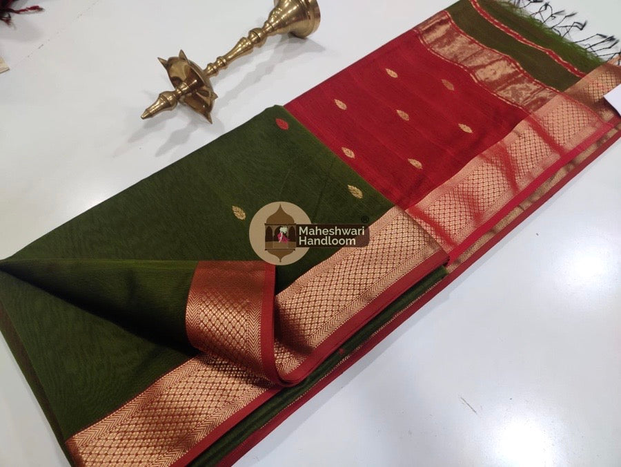 Maheshwari Mehendi Green Zari Butti Saree 