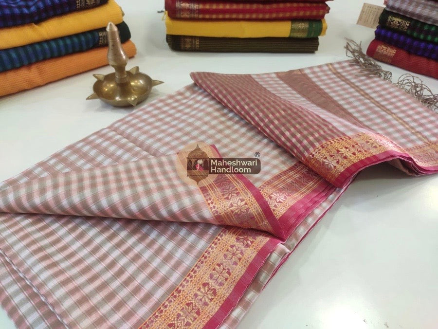 Maheshwari Beige Garbha Reshmi 75% Mulbury Silk Saree 06