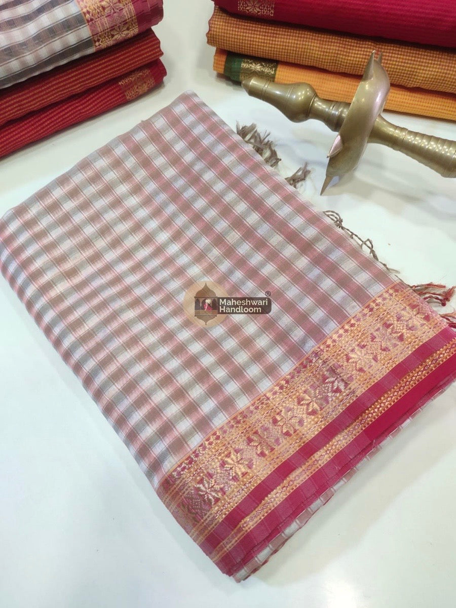 Maheshwari Beige Garbha Reshmi 75% Mulbury Silk Saree 06