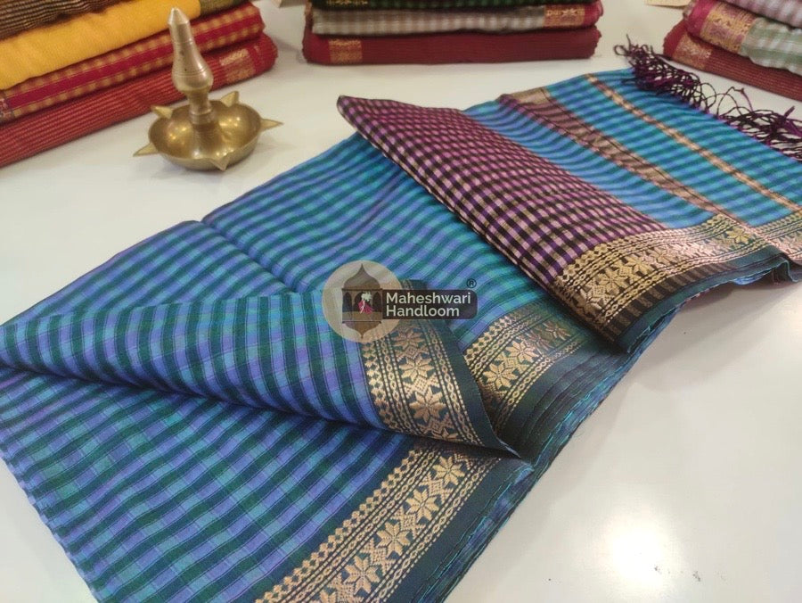 Maheshwari Teal Green Garbha Reshmi 75% Mulbury Silk Saree 09