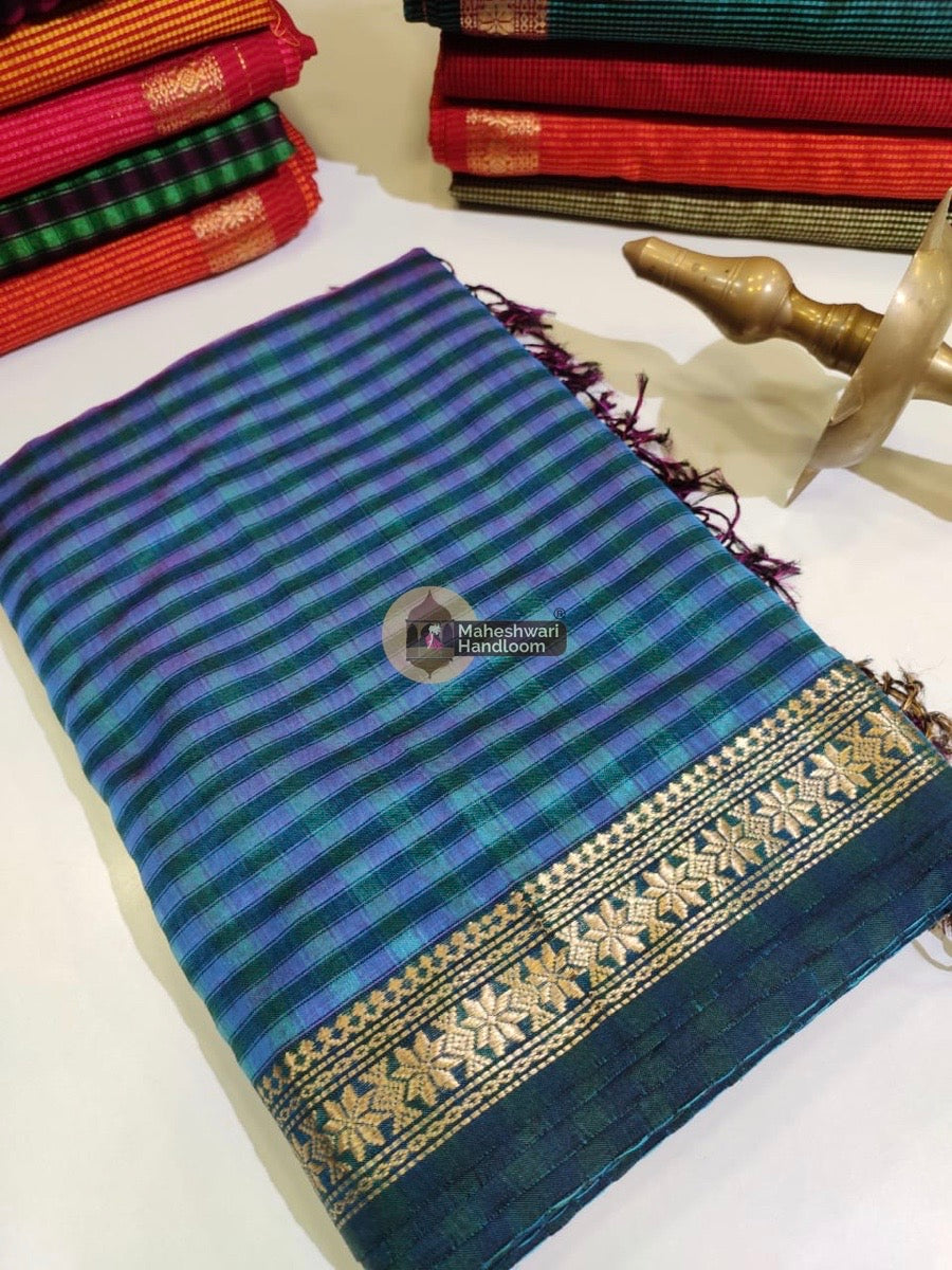 Maheshwari Teal Green Garbha Reshmi 75% Mulbury Silk Saree 09