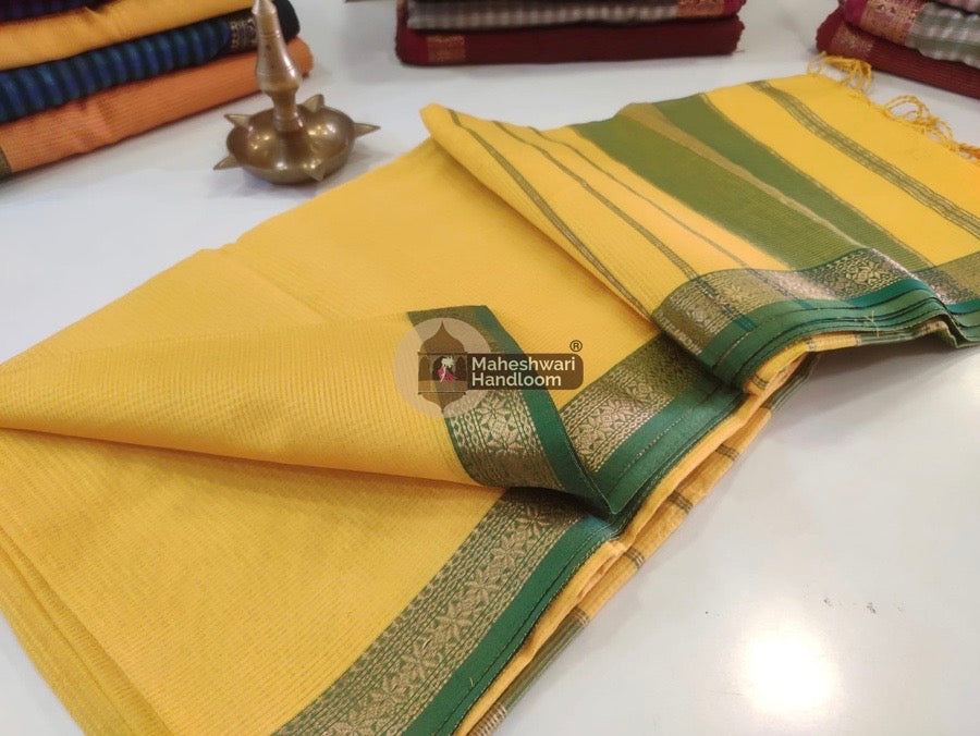 Maheshwari Yellow Garbha Reshmi 75% Mulbury Silk Saree 010