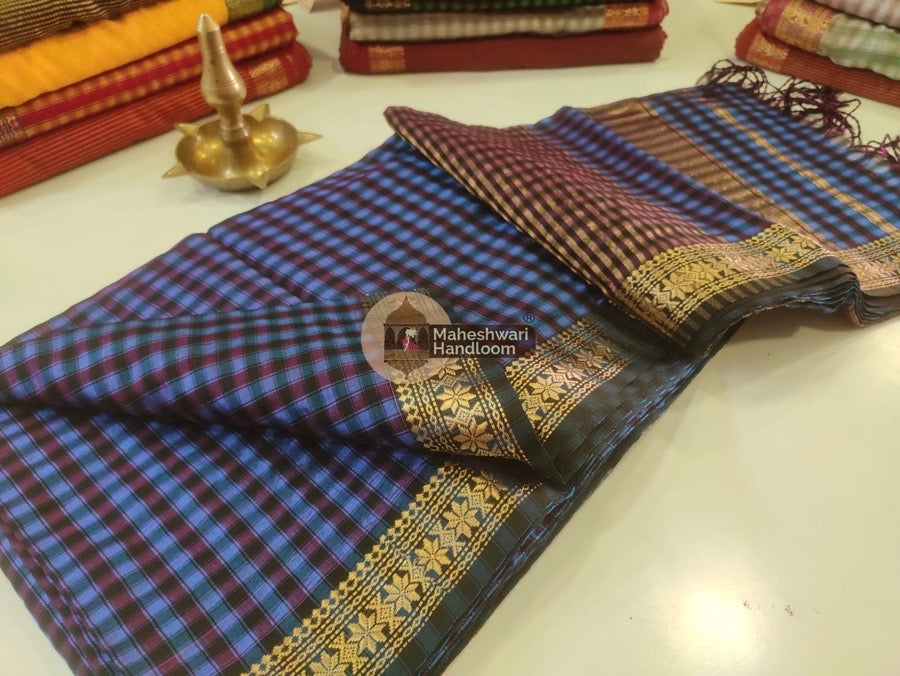 Maheshwari Blue Garbha Reshmi 75% Mulbury Silk Saree 011