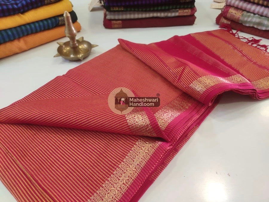 Maheshwari Red-Yellow Garbha Reshmi 75% Mulbury Silk Saree 014