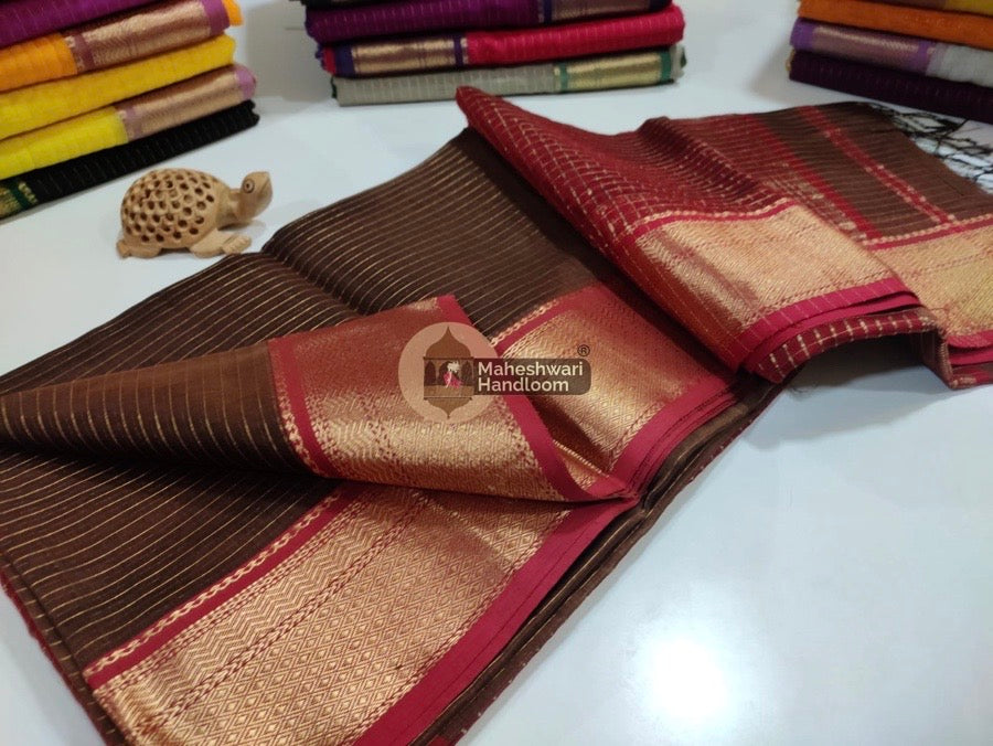 Maheshwari brown Self Zari Lining Body Saree 024