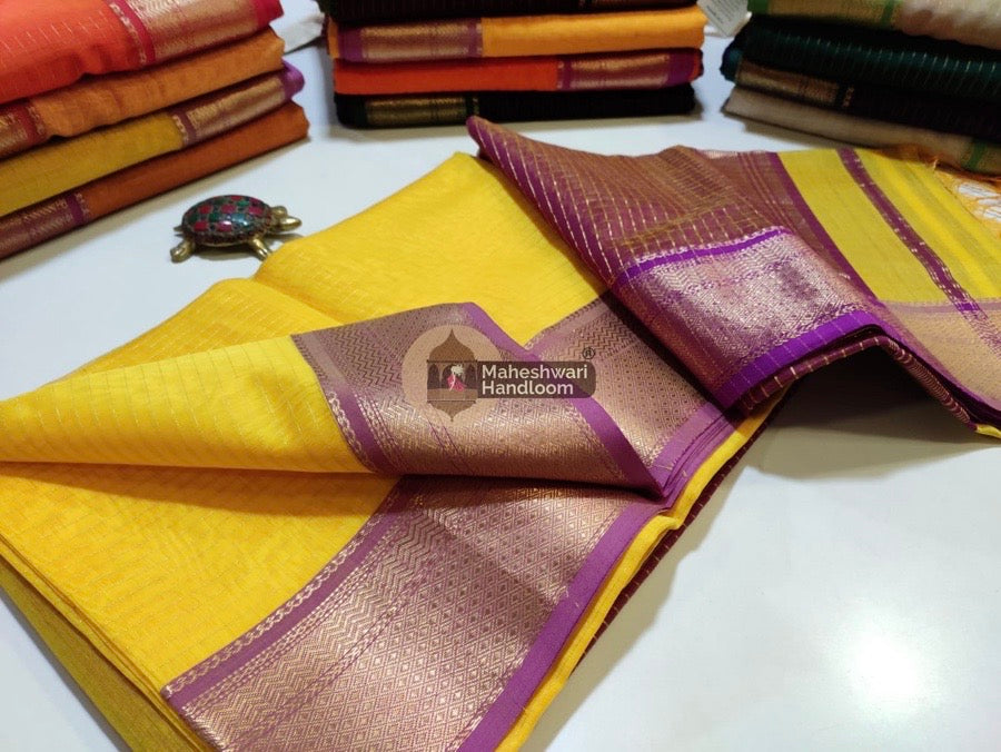 Maheshwari Lemon Yellow Self Zari Lining Body Saree 034