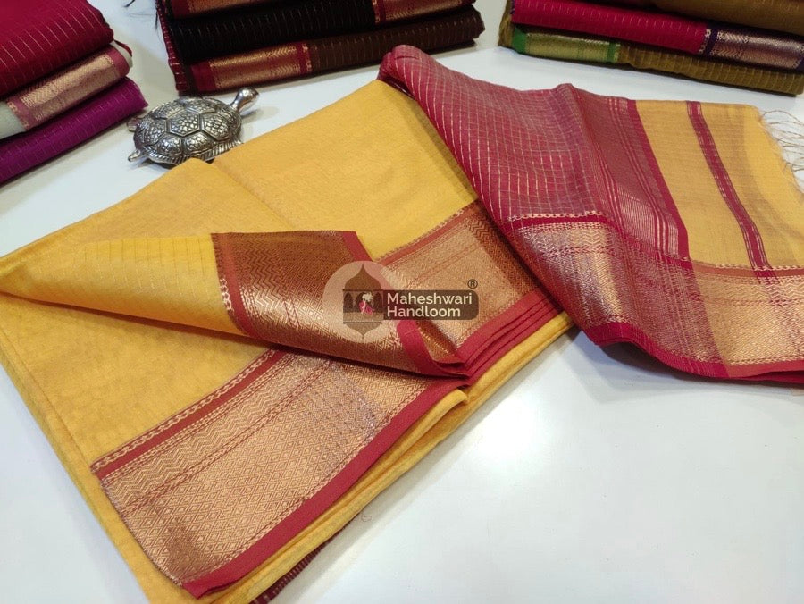 Maheshwari Yellow Self Zari Lining Body Saree 022