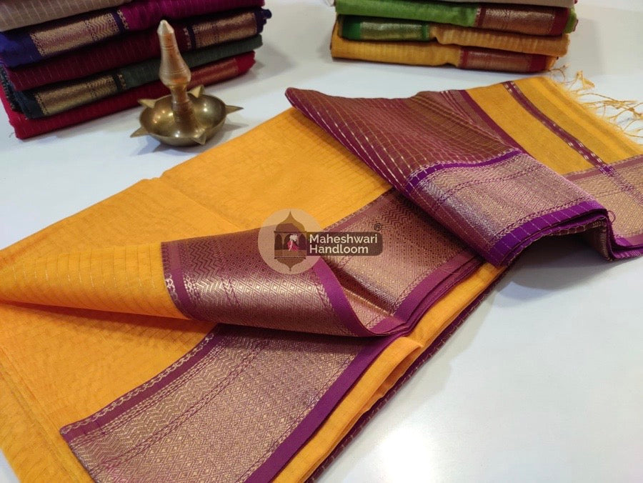 Maheshwari Mango Yellow Self Zari Lining Body Saree 023