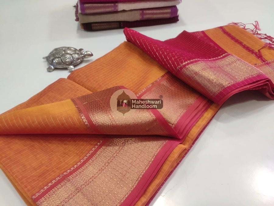 Maheshwari Mustard Yellow Self Zari Lining Body Saree 09