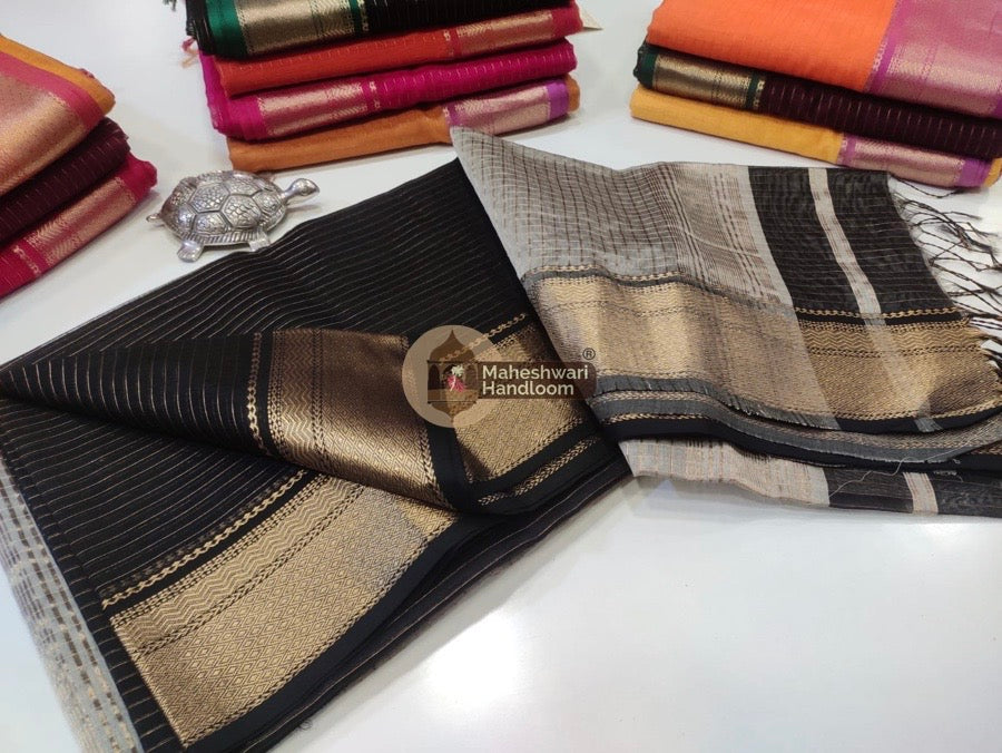 Maheshwari Black Self Zari Lining Body Saree 037