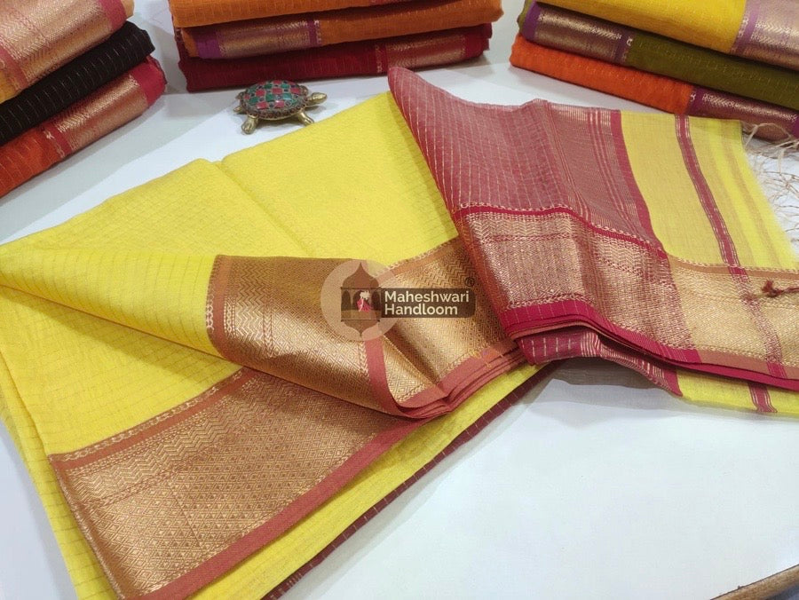 Maheshwari Yellow Self Zari Lining Body Saree 025