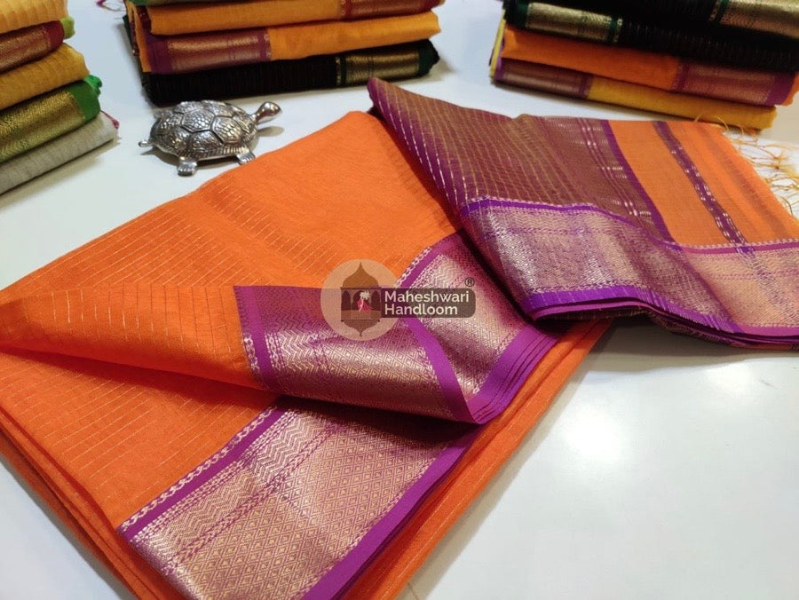 Maheshwari Orange Self Zari Lining Body Saree 032