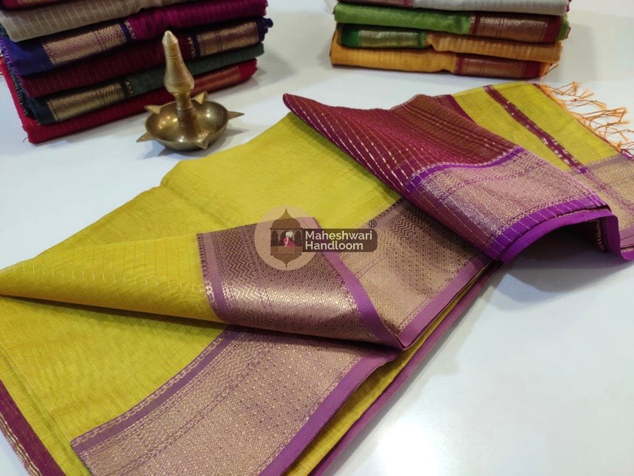 Maheshwari Golden Yellow Self Zari Lining Body Saree 020