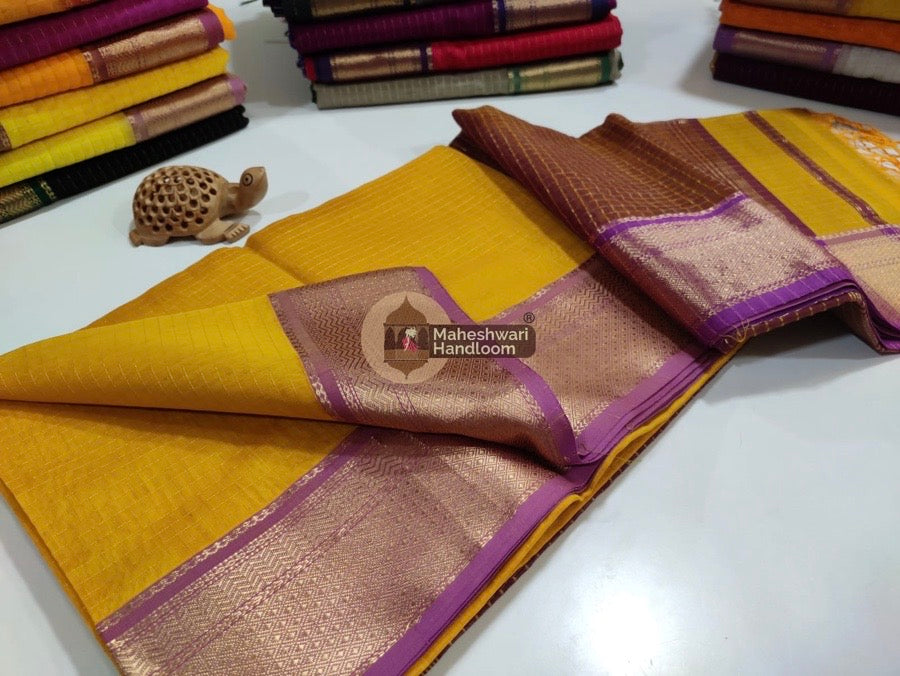 Maheshwari Mango Yellow Self Zari Lining Body Saree 014