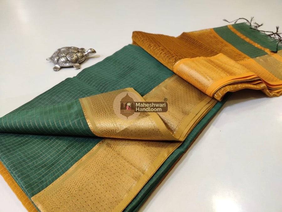 Maheshwari Sea Green Self Zari Lining Body Saree 010