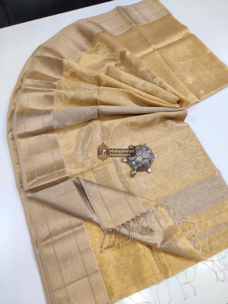 Exclusive Golden Yellow Maheshwari Tissue Weaving Saree With Broad Zari Border 02