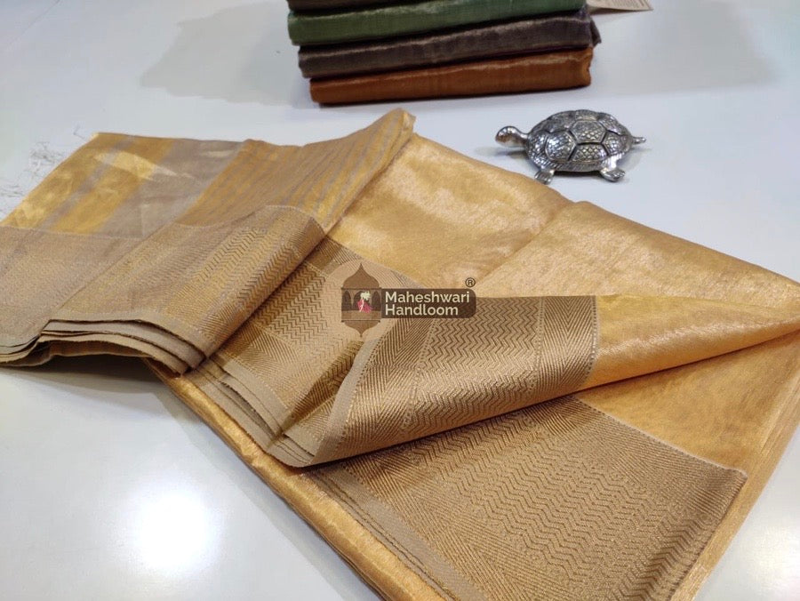 Exclusive Golden Yellow Maheshwari Tissue Weaving Saree With Broad Zari Border 02