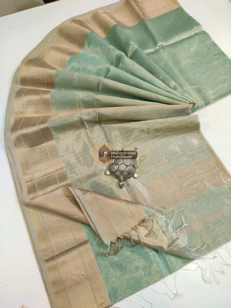 Exclusive Sea Green Maheshwari Tissue Weaving Saree With Broad Zari Border 07