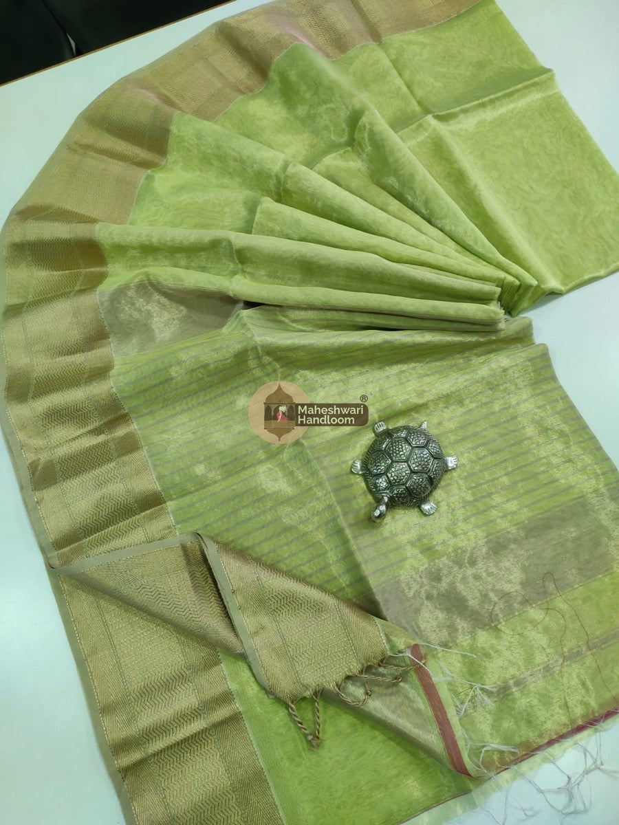 Exclusive Parrot Green Maheshwari Tissue Weaving Saree With Broad Zari Border 013