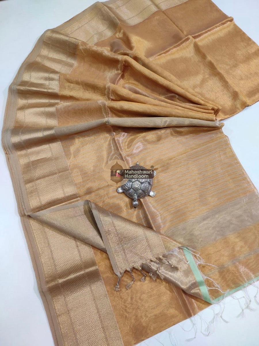 Exclusive Metal Yellow Maheshwari Tissue Weaving Saree With Broad Zari Border 05