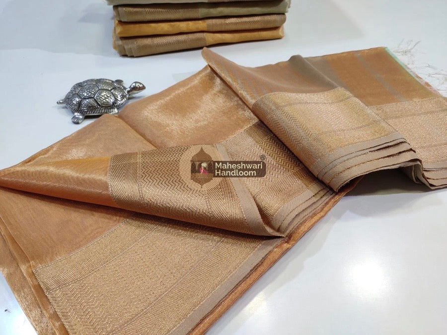 Exclusive Metal Yellow Maheshwari Tissue Weaving Saree With Broad Zari Border 05