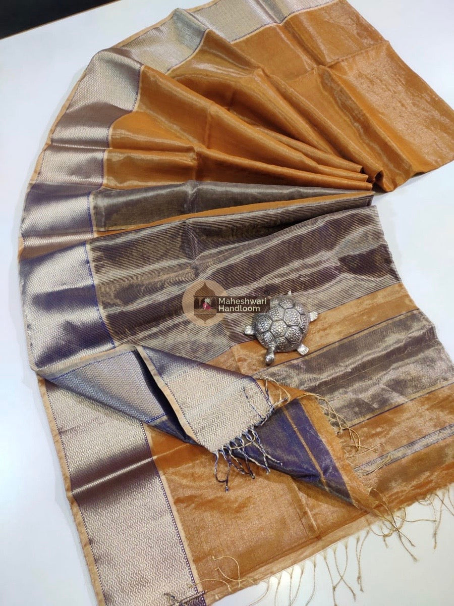 Exclusive Golden Yellow Maheshwari Tissue Weaving Saree With Broad Zari Border 010