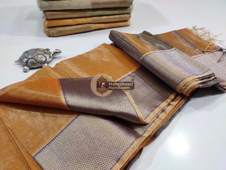 Exclusive Golden Yellow Maheshwari Tissue Weaving Saree With Broad Zari Border 010