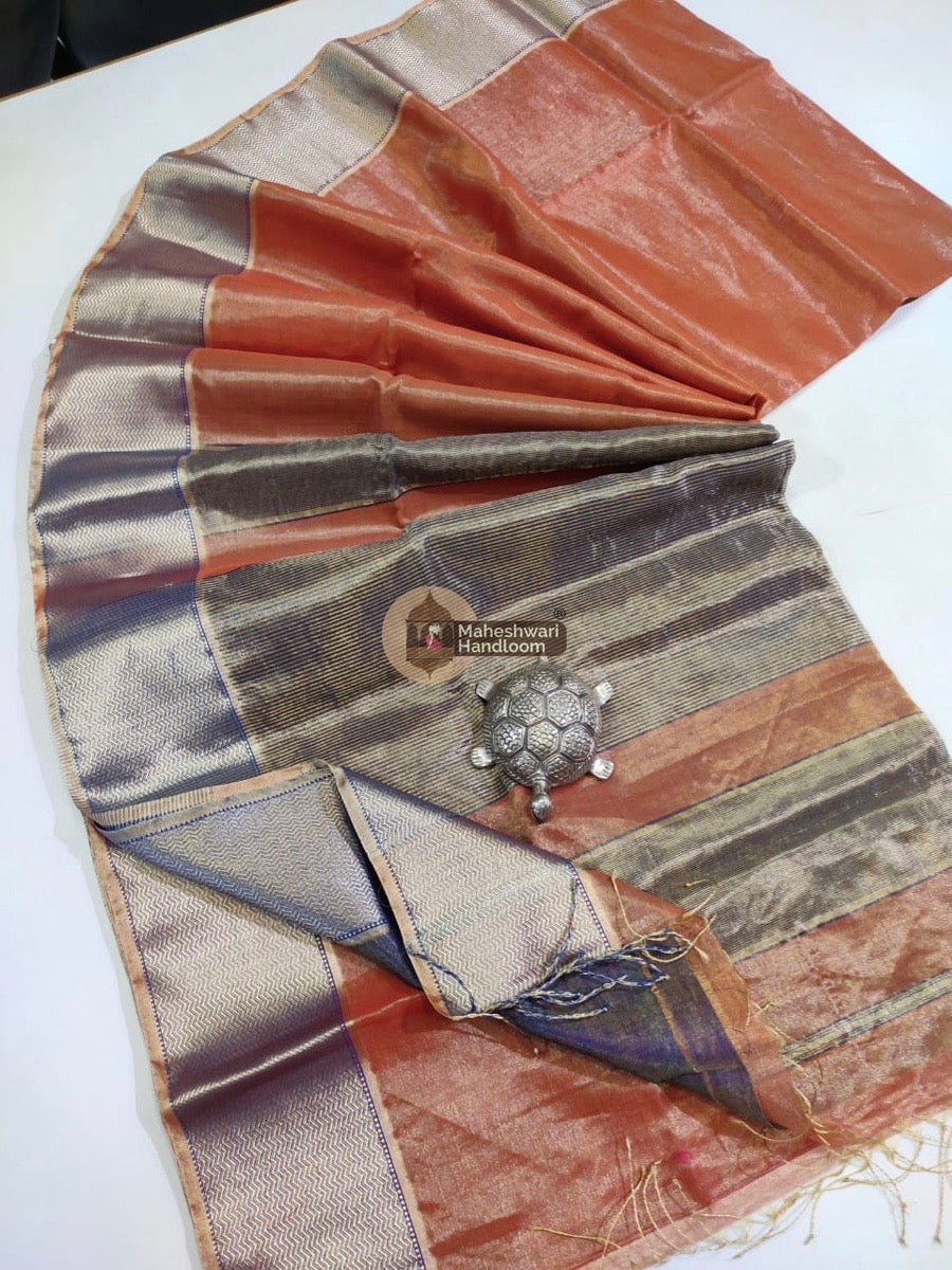 Exclusive Rust Orange Maheshwari Tissue Weaving Saree With Broad Zari Border 01