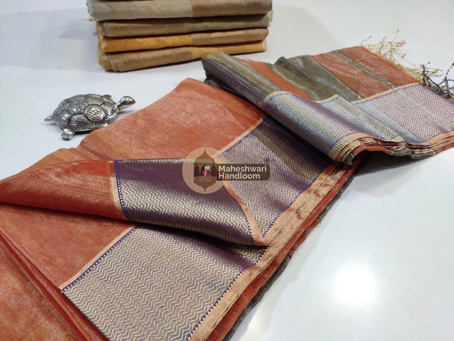 Exclusive Rust Orange Maheshwari Tissue Weaving Saree With Broad Zari Border 01