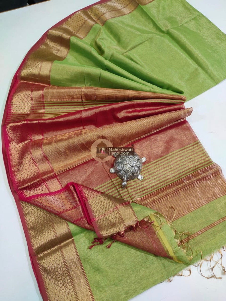 Exclusive Mehendi Green Maheshwari Tissue Weaving Saree With Broad Zari Border 015