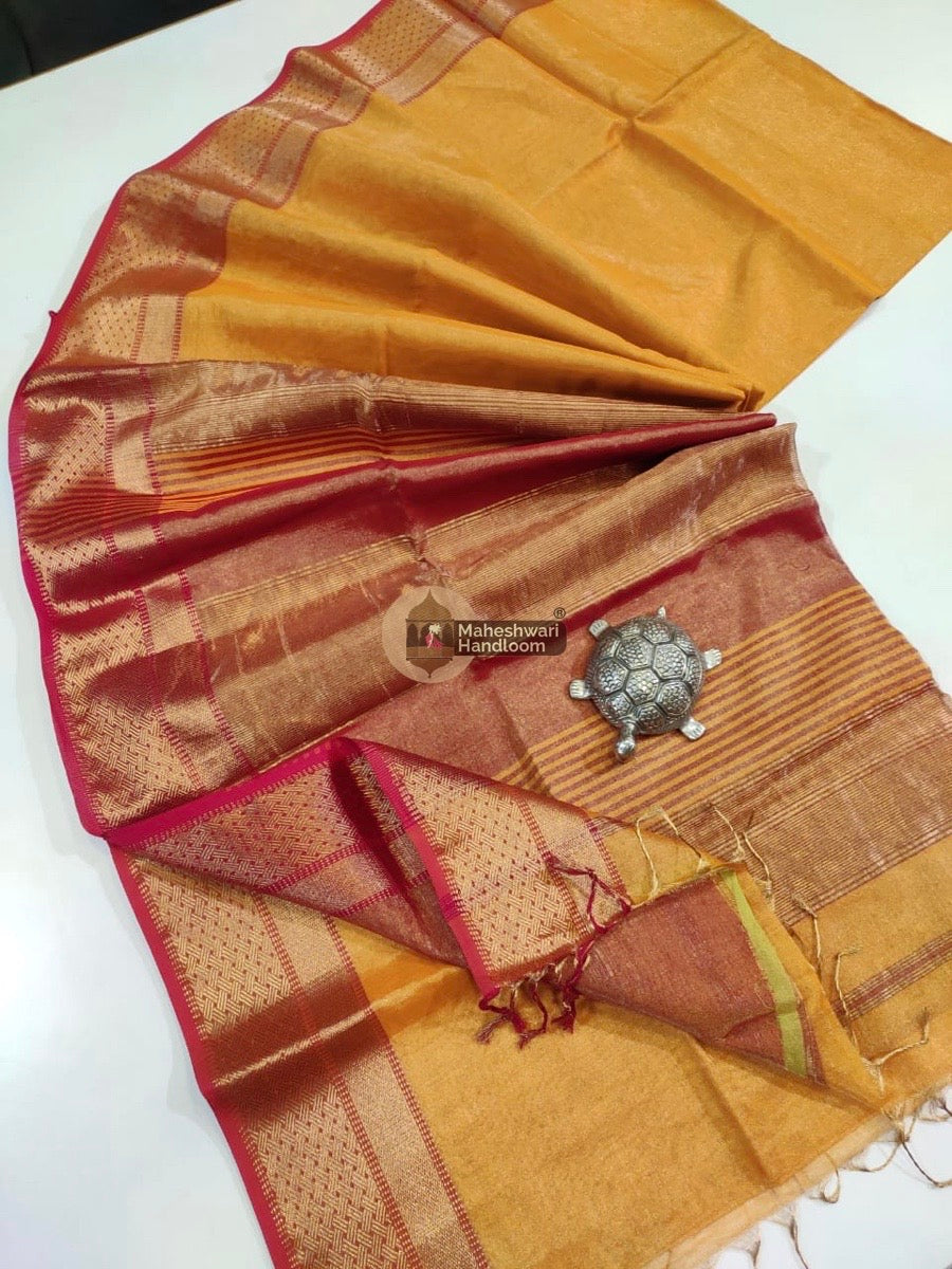 Exclusive Golden Yellow Maheshwari Tissue Weaving Saree With Broad Zari Border 08
