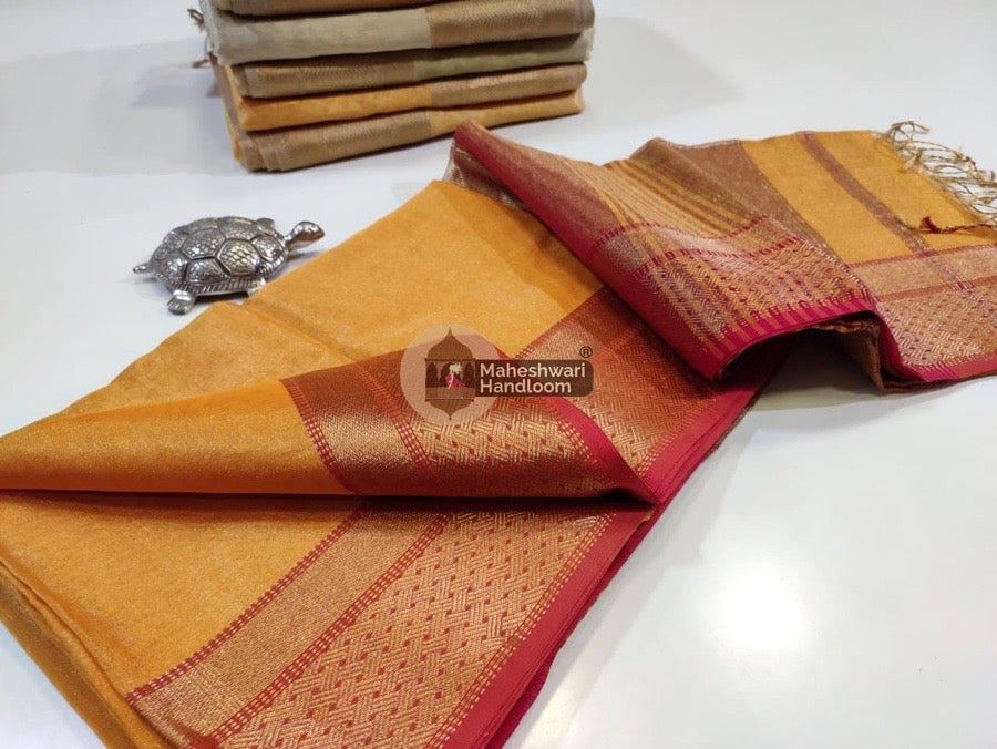 Exclusive Golden Yellow Maheshwari Tissue Weaving Saree With Broad Zari Border 08