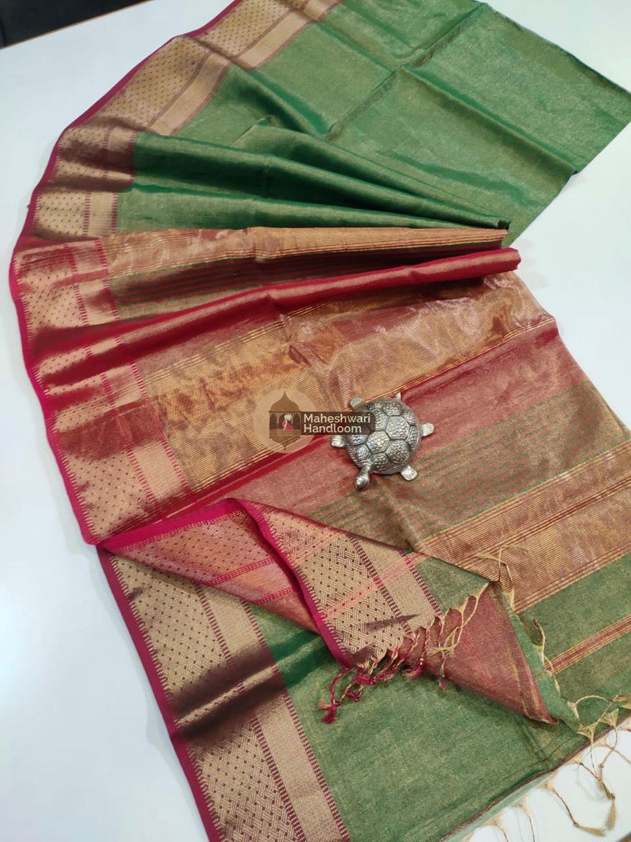 Exclusive Green Maheshwari Tissue Weaving Saree With Broad Zari Border 04