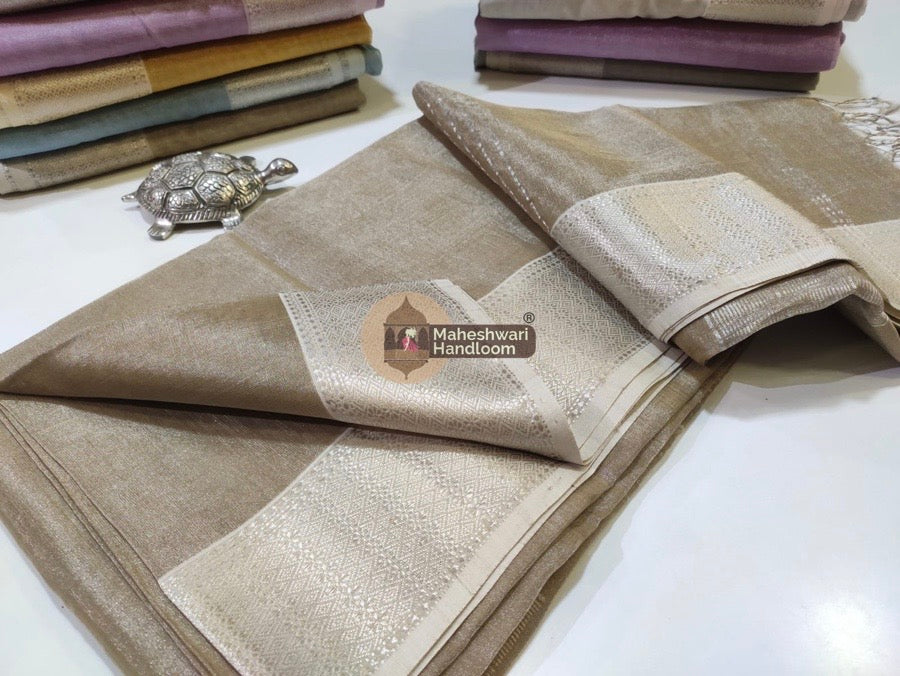 Exclusive Beige Maheshwari Full Silver Zari Tissue Sarees 03