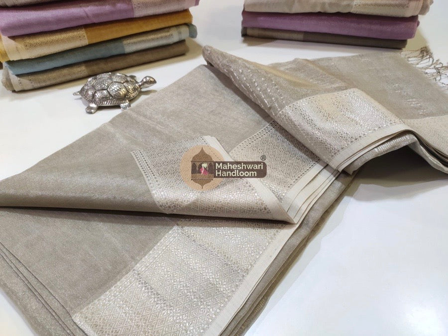 Exclusive Beige Maheshwari Full Silver Zari Tissue Sarees 01