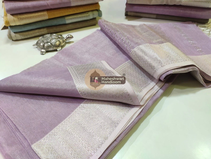 Exclusive Light Purple Maheshwari Full Silver Zari Tissue Sarees 02