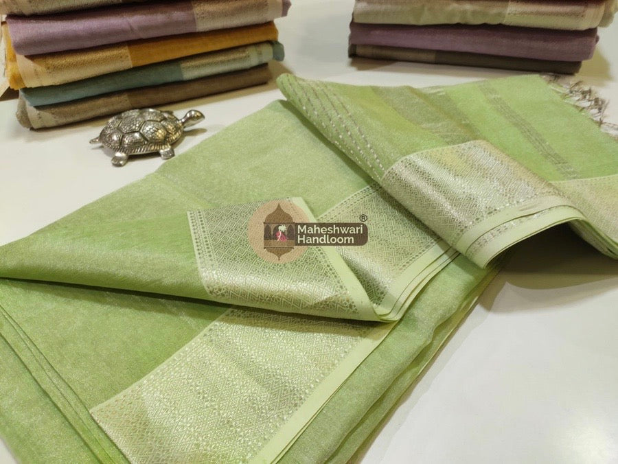Exclusive Pista Green Maheshwari Full Silver Zari Tissue Sarees 04