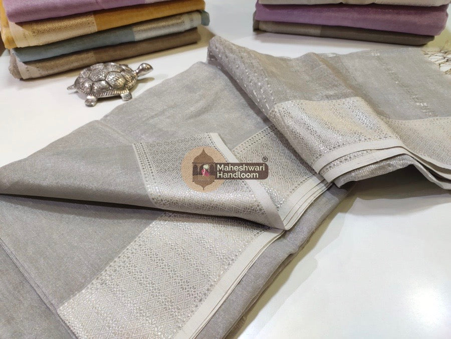 Exclusive Off White Maheshwari Full Silver Zari Tissue Sarees 06