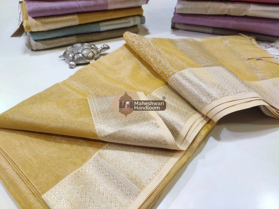 Exclusive Light Yellow Maheshwari Full Silver Zari Tissue Sarees 05