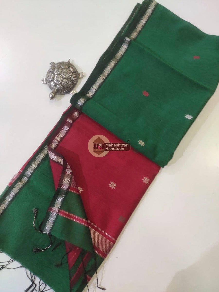Maheshwari Bottle Green Zari Butti Saree 09