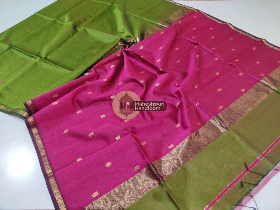 Maheshwari Mehendi Green Zari Butti Saree 05