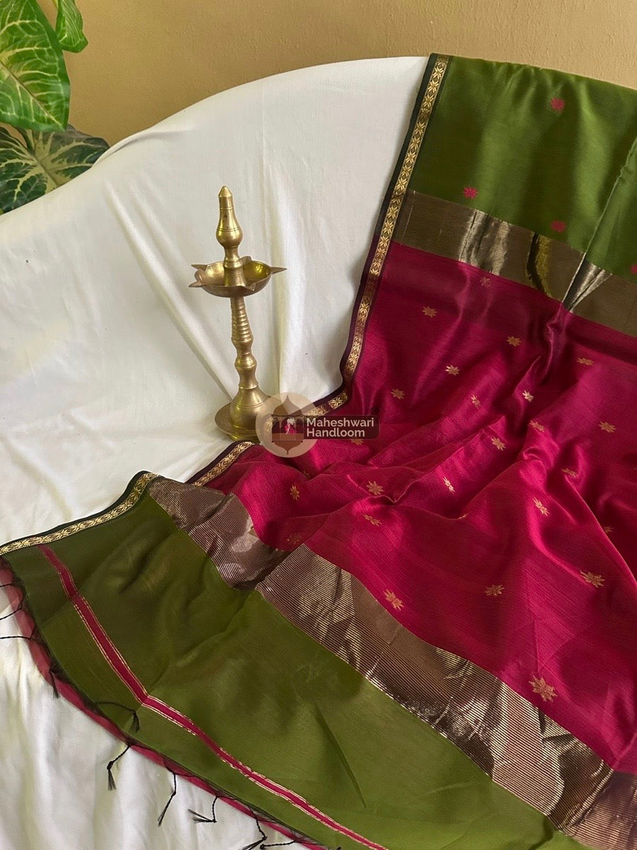 Maheshwari Mehendi Green Zari Butti Saree 05