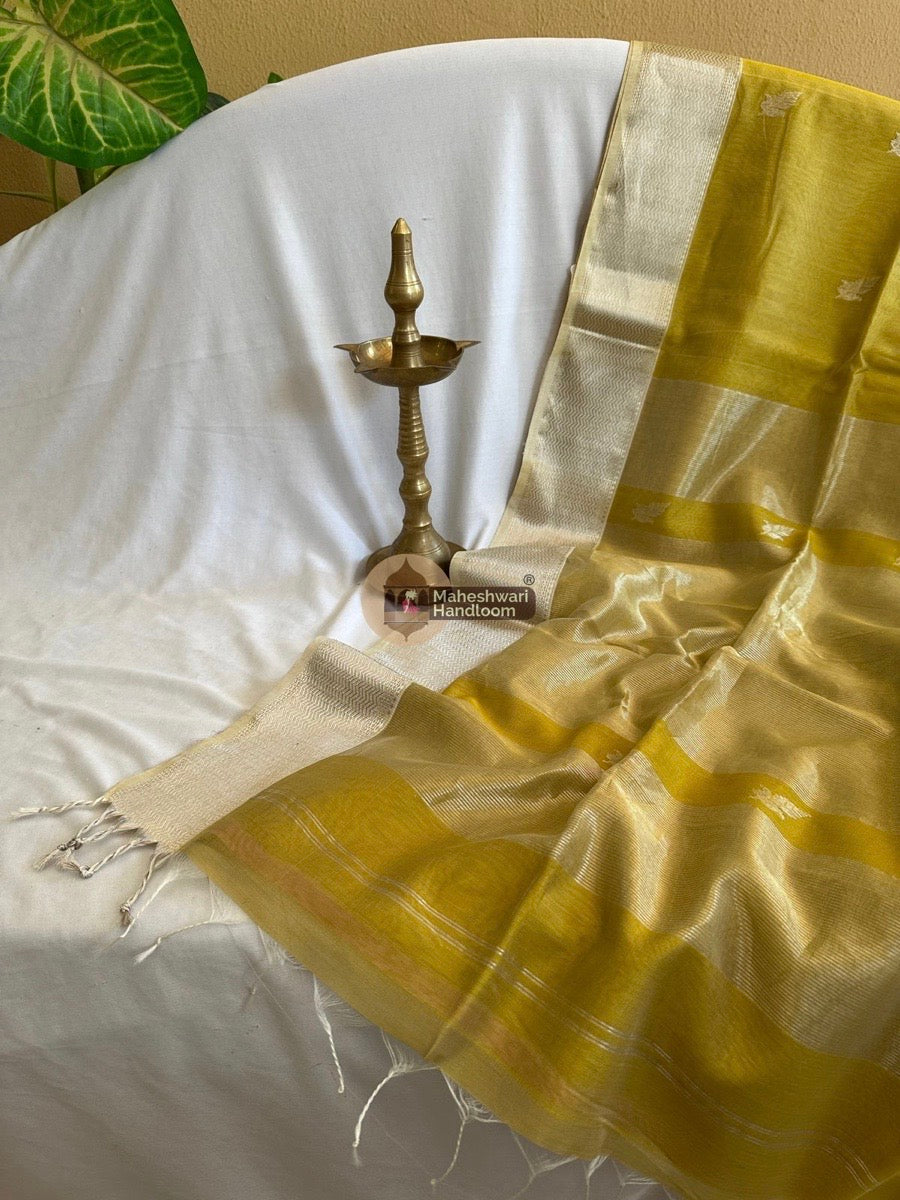 Maheshwari Dark Mustard Yellow Silver Butti Saree 01