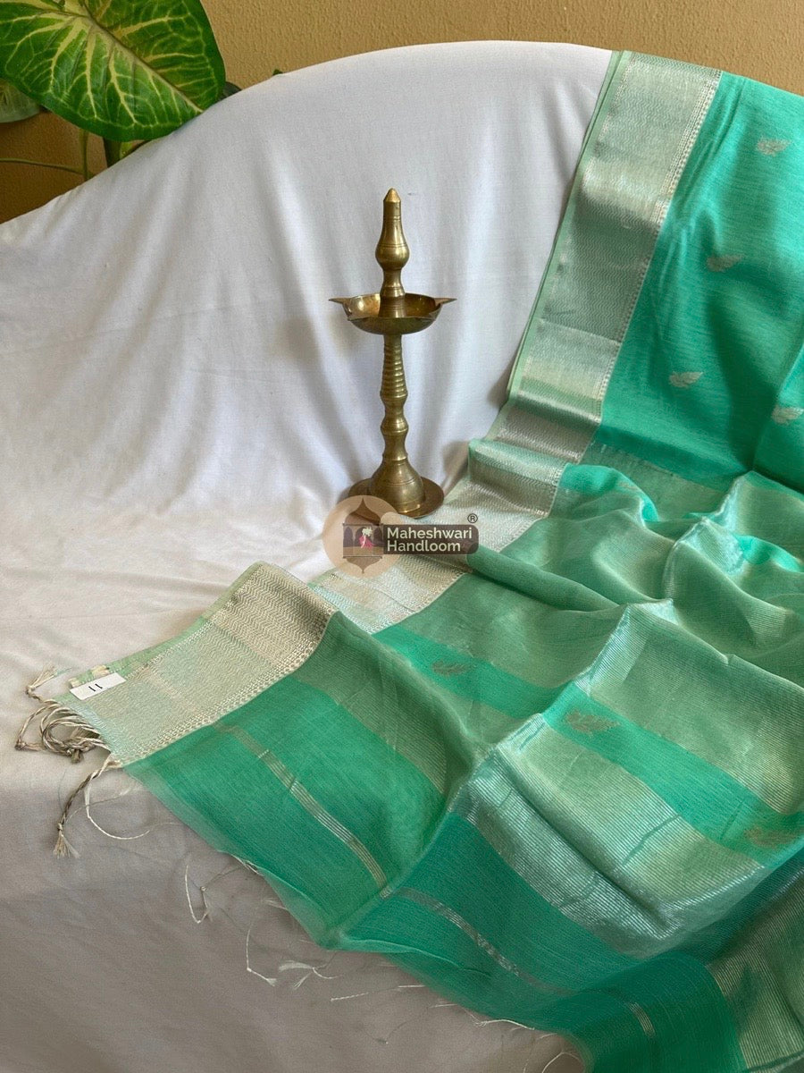 Maheshwari Aqua Green Silver Butti Saree 04