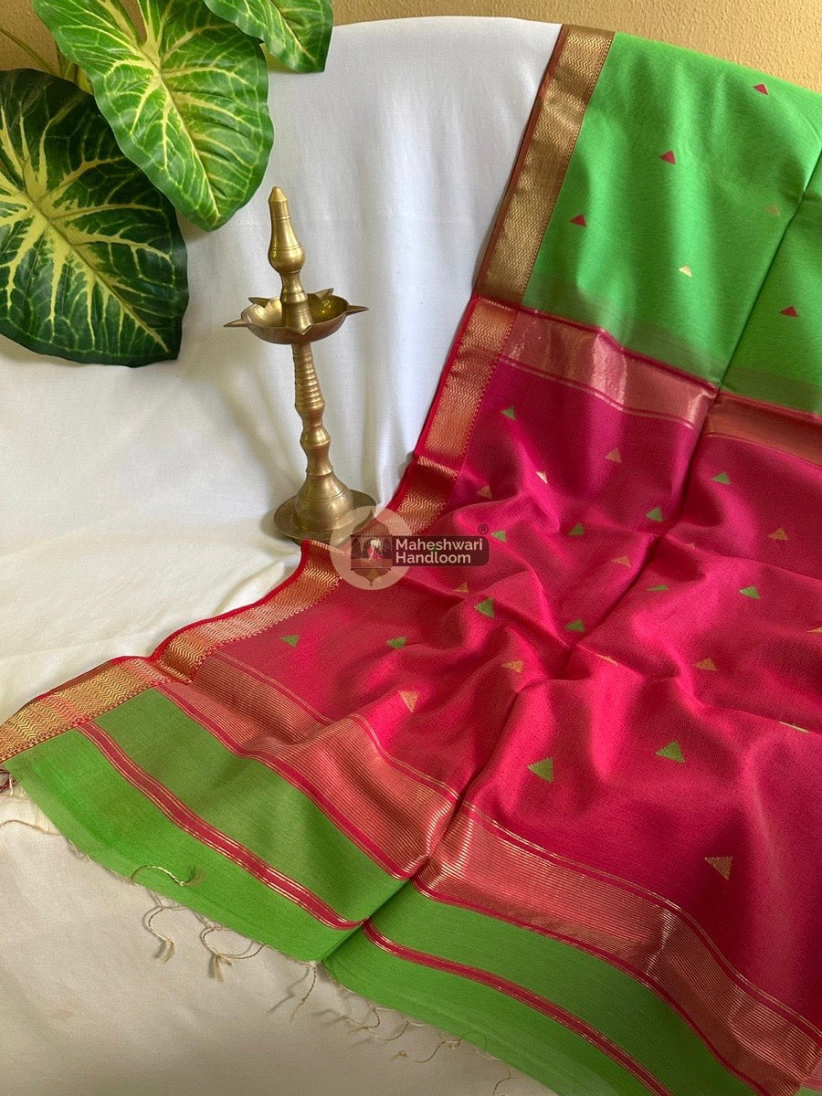 Maheshwari Parrot Green Zari Butti Saree 03