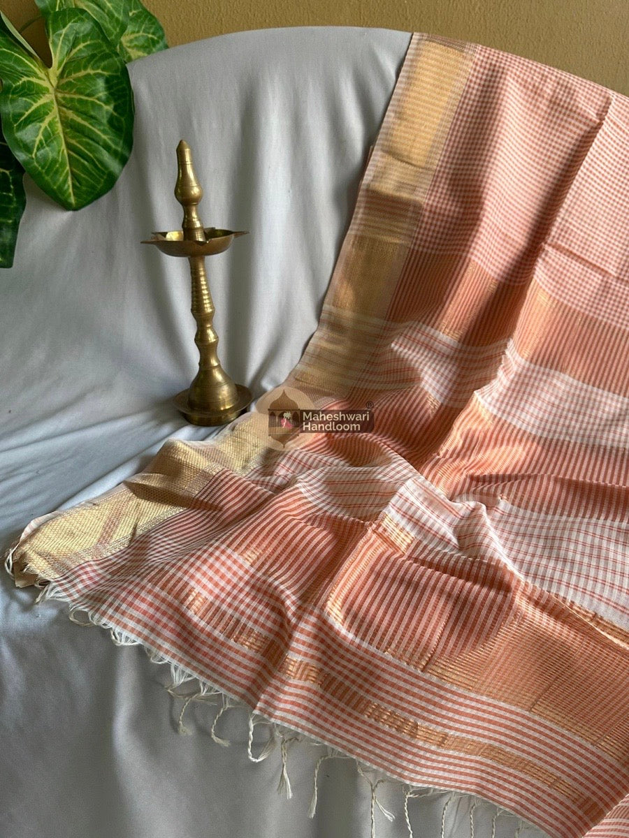 Maheshwari Light Orange Self Checks Saree 015