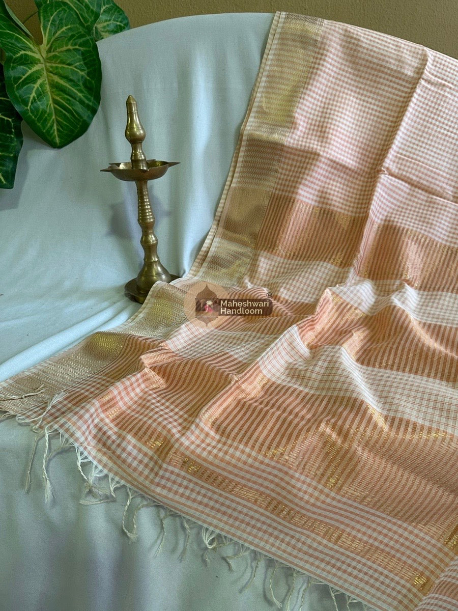 Maheshwari Pastel Orange Self Checks Saree 09