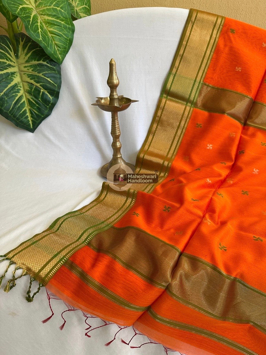 Maheshwari Orange Zari Butti Saree 07