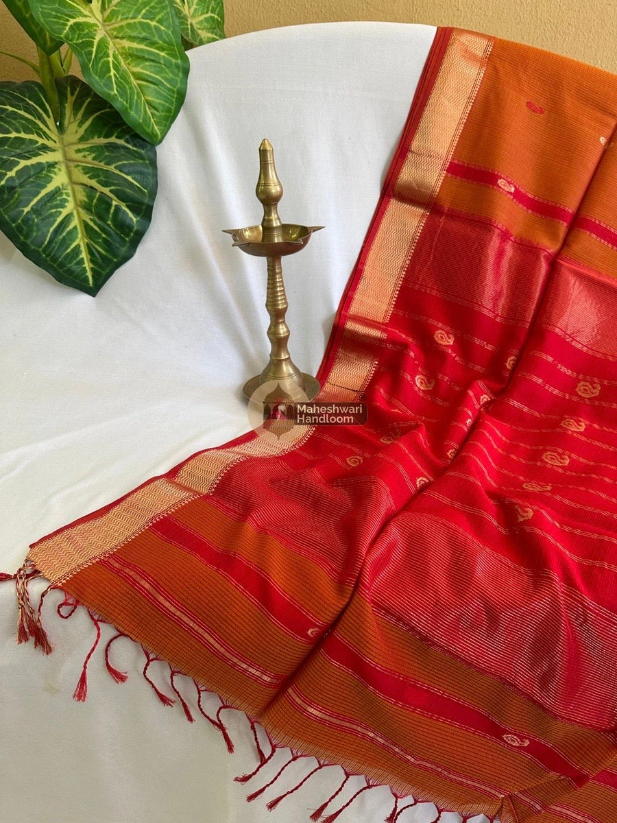 Rust Orange Zari Butti ~ Maheshwari Saree 02