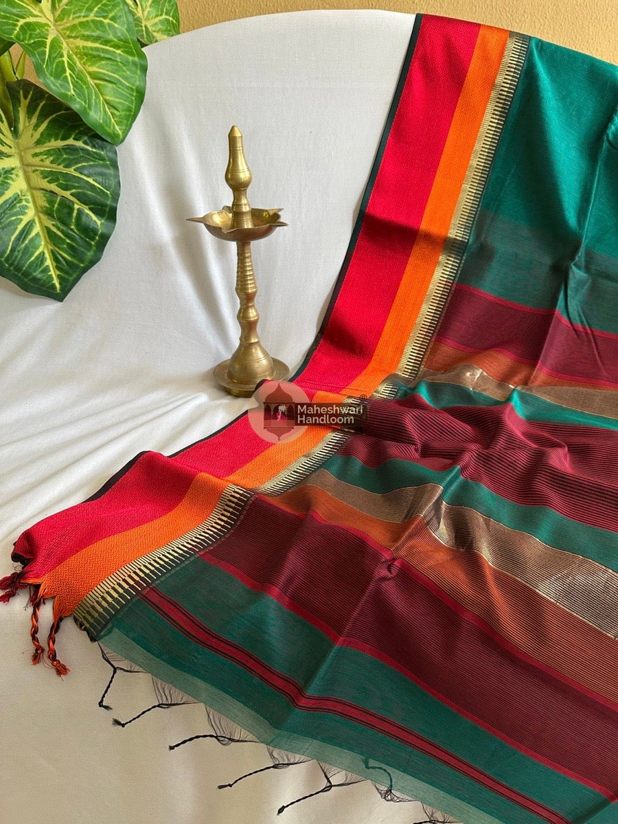 Maheshwari Green Multicolor Border Saree 02